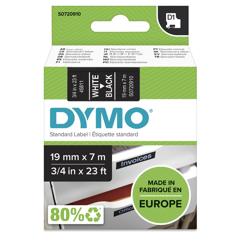 DYMO originele D1 labels | Witte Tekst op Zwart Label | 19 mm x 7 m | zelfklevende etiketten voor de LabelManager labelprinter