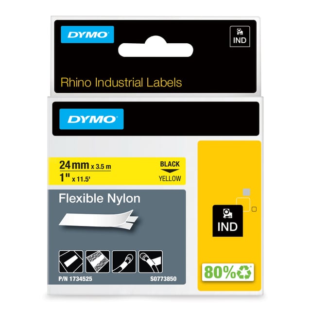 DYMO Rhino industriële Flexibele Nylon Labels | 24 mm x 3,5 m | zwarte afdruk op geel | zelfklevende labels voor Rhino & LabelManager labelprinters