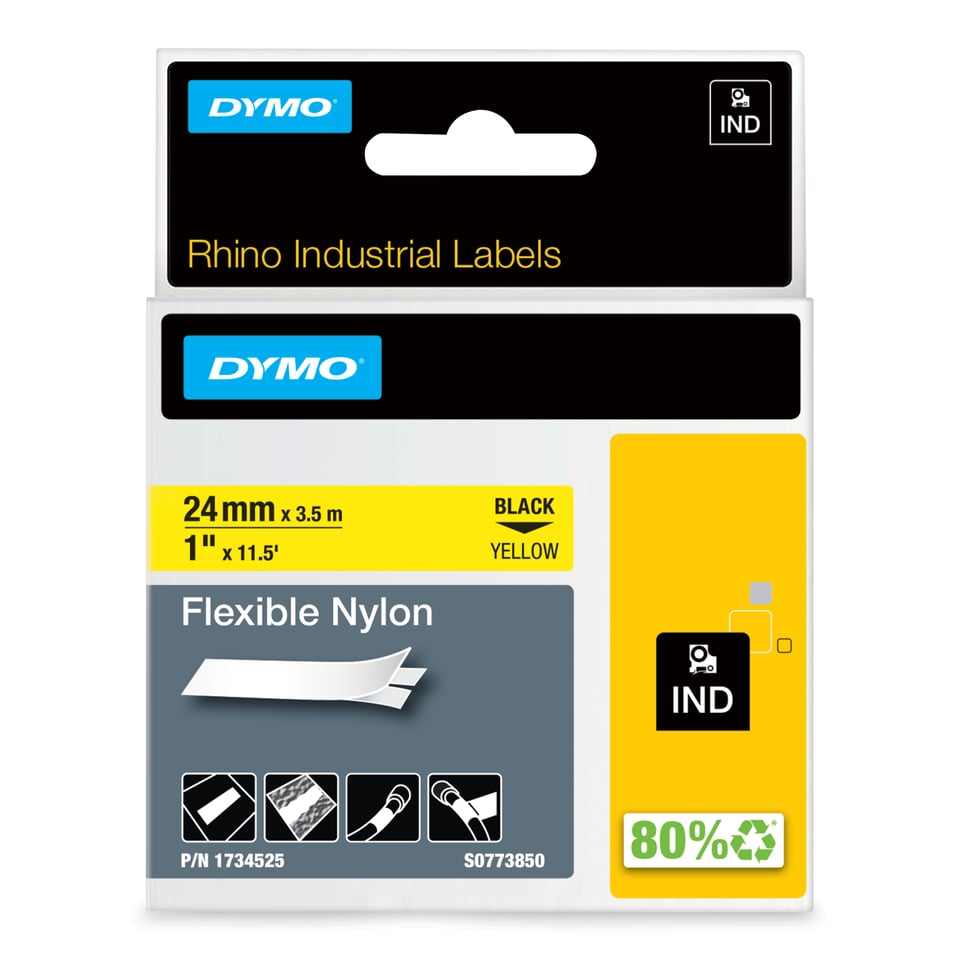 DYMO Rhino industriële Flexibele Nylon Labels | 24 mm x 3,5 m | zwarte afdruk op geel | zelfklevende labels voor Rhino & LabelManager labelprinters