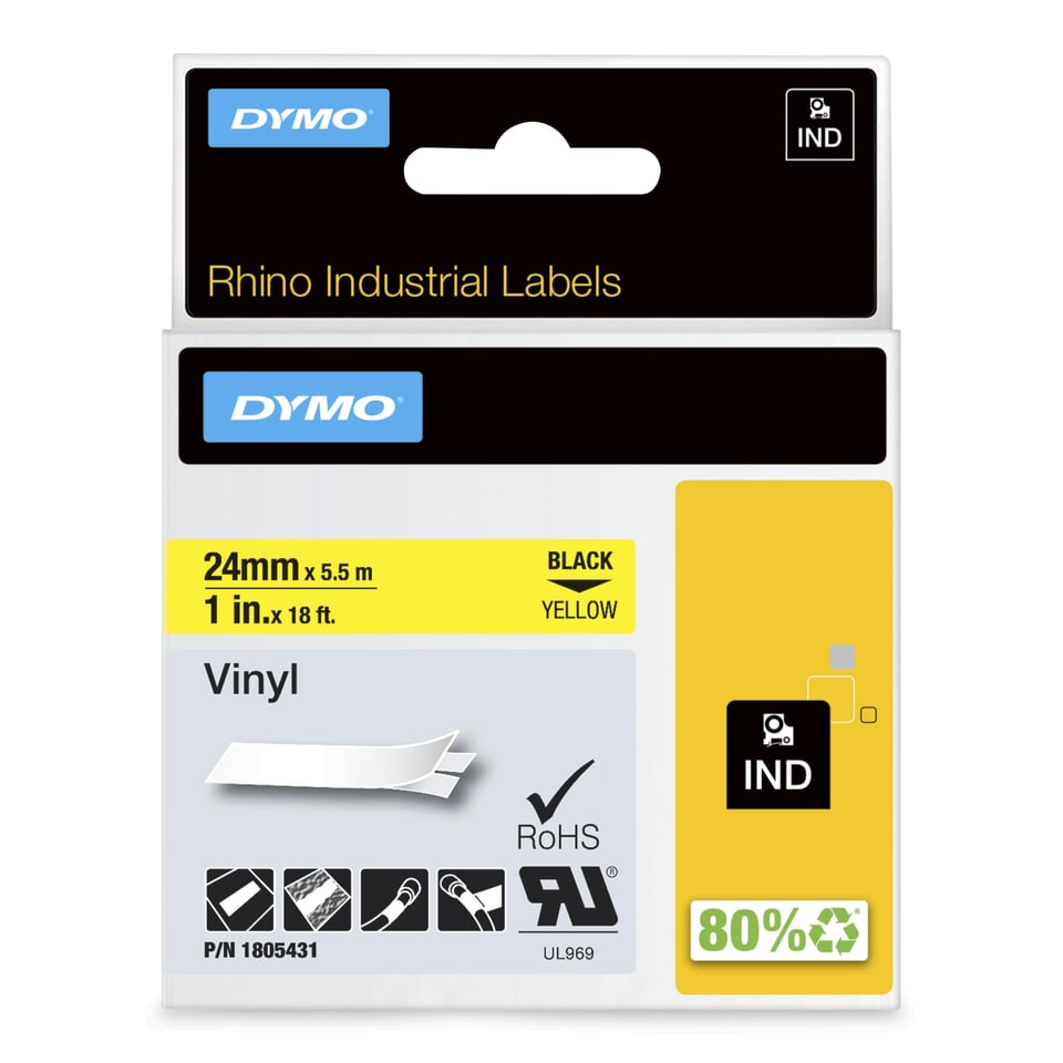 DYMO Rhino industriële Vinyl Labels | 24 mm x 5,5 m | zwarte afdruk op geel | zelfklevende labels voor Rhino & LabelManager labelprinters