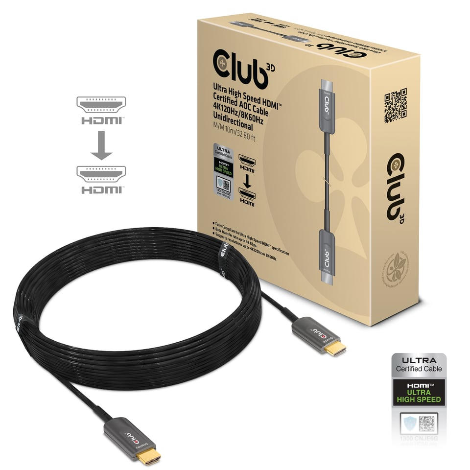 CLUB3D Ultra High Speed HDMI 2.1™ gecertificeerde AOC-kabel 4K120Hz/8K60Hz Unidirectioneel M/M 10 meter