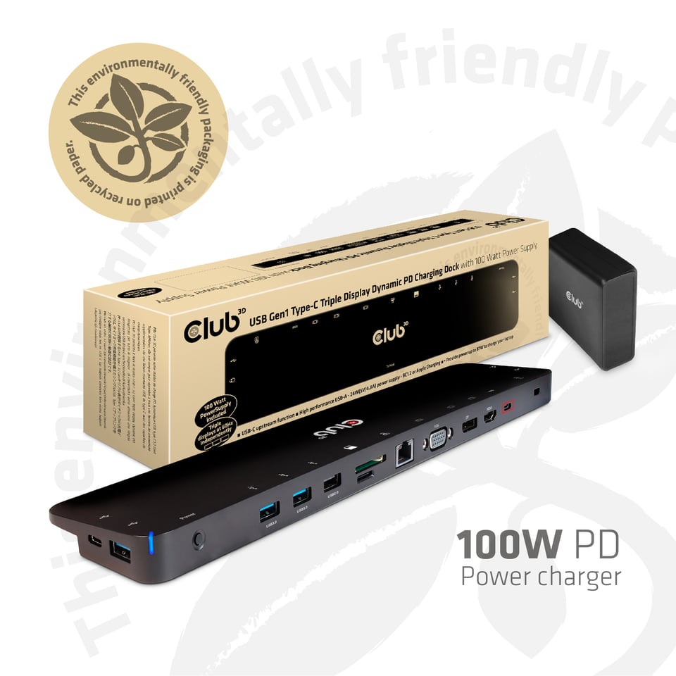 CLUB3D Club 3D USB Type-C Dockingstation – Verbind 3 Schermen & Laad Je Laptop Snel met 100W + Gratis charger inbegrepen