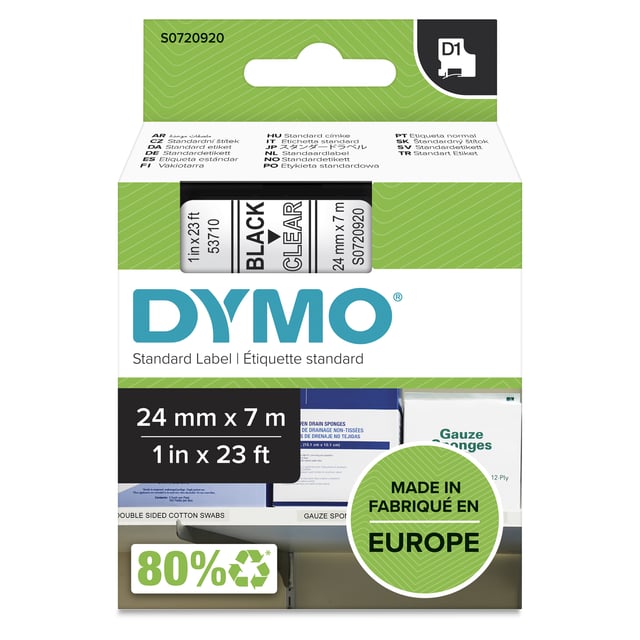 DYMO originele D1 labels | Zwarte Tekst op Doorzichtig Label | 24 mm x 7 m | zelfklevende etiketten voor de LabelManager labelprinter | gemaakt in Europa