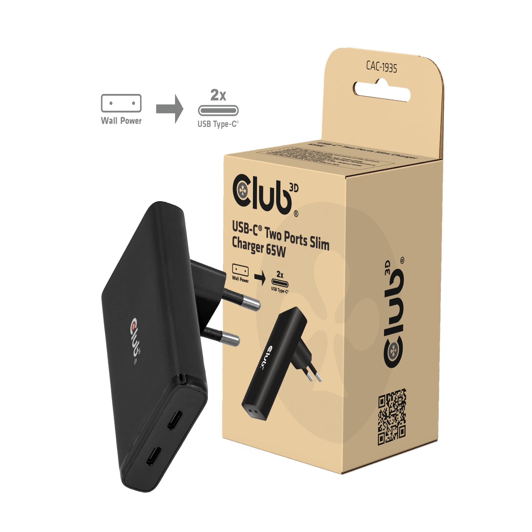 CLUB3D Slanke oplader met twee USB-C®-poorten, 65 W, GaN, PD 3.1, PPS