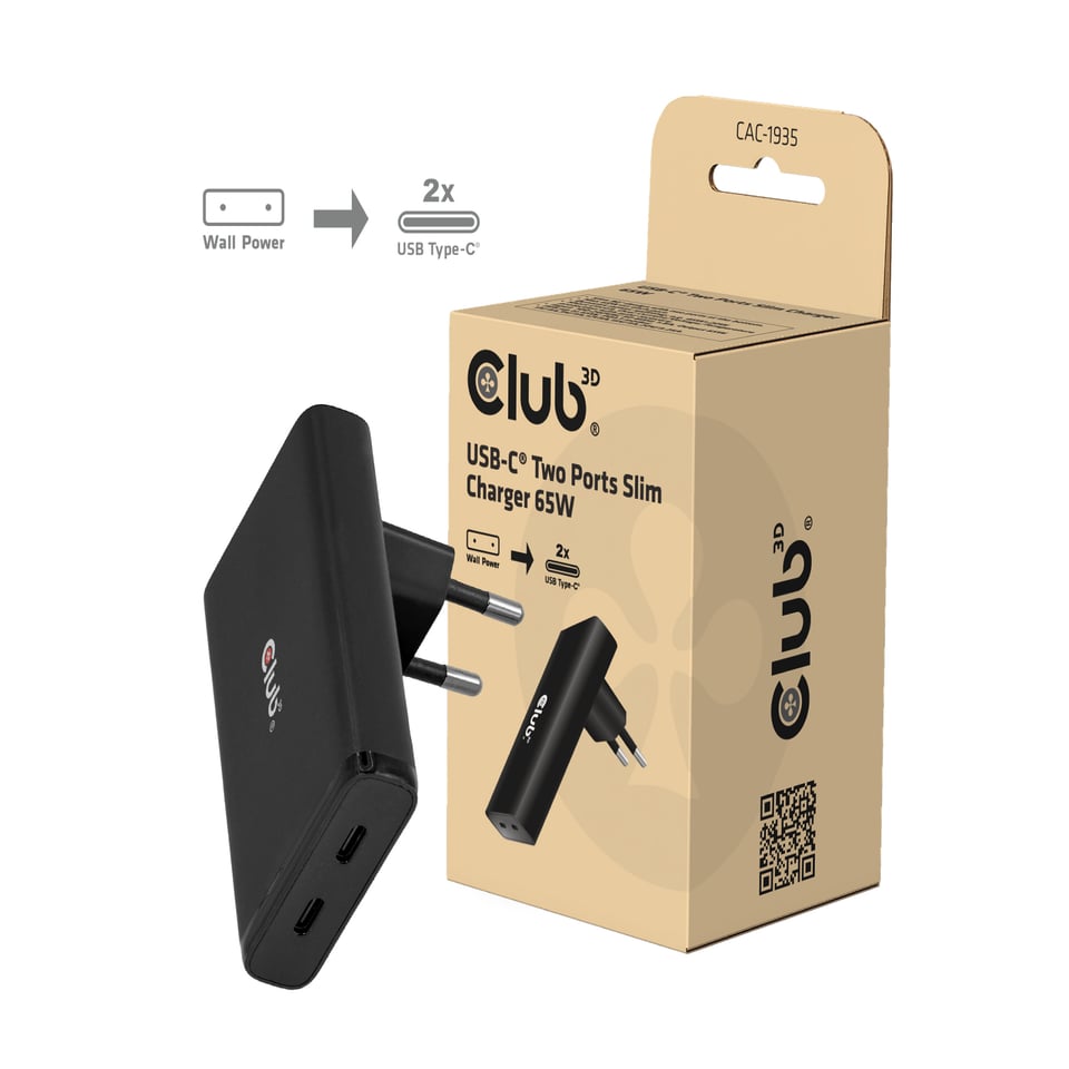 CLUB3D Slanke oplader met twee USB-C®-poorten, 65 W, GaN, PD 3.1, PPS