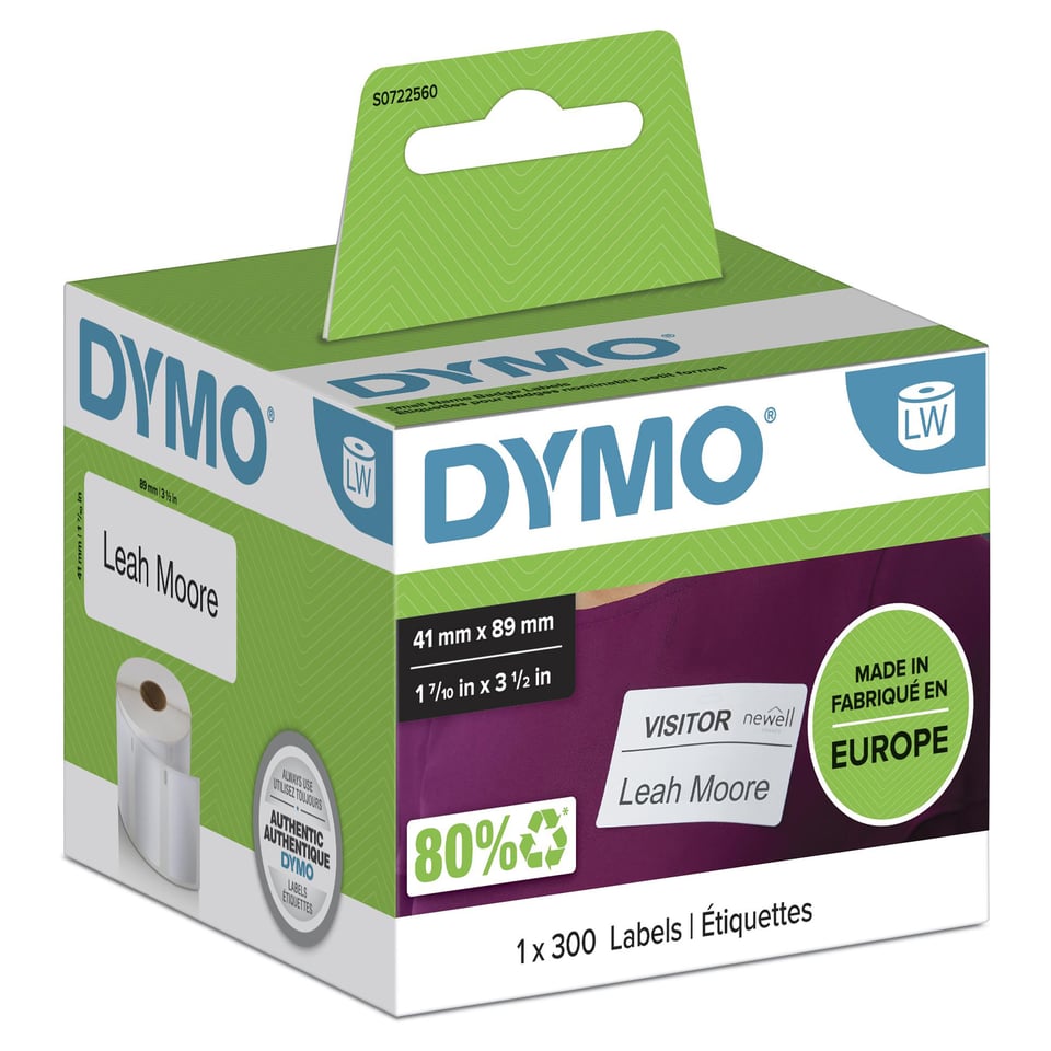 DYMO originele LabelWriter kleine naambadgelabels | 41 mm x 89 mm | Zelfklevend | Rol van 300 gemakkelijk te verwijderen labels | voor de LabelWriter labelprinters | Gemaakt in Europa