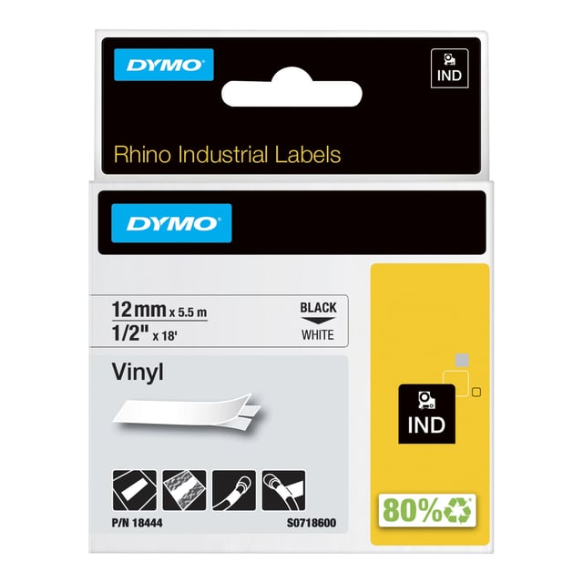 DYMO Rhino industriële Vinyl Labels | 12 mm x 5,5 m | zwarte afdruk op wit | zelfklevende labels voor Rhino & LabelManager labelprinters