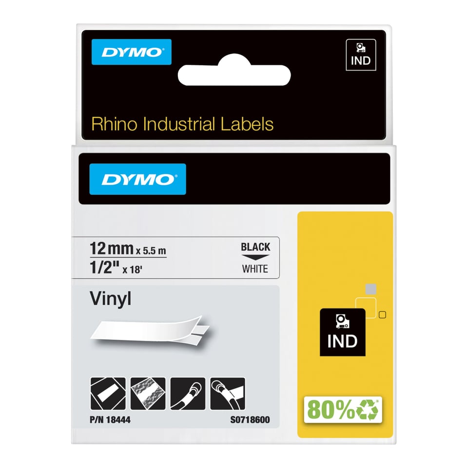DYMO Rhino industriële Vinyl Labels | 12 mm x 5,5 m | zwarte afdruk op wit | zelfklevende labels voor Rhino & LabelManager labelprinters