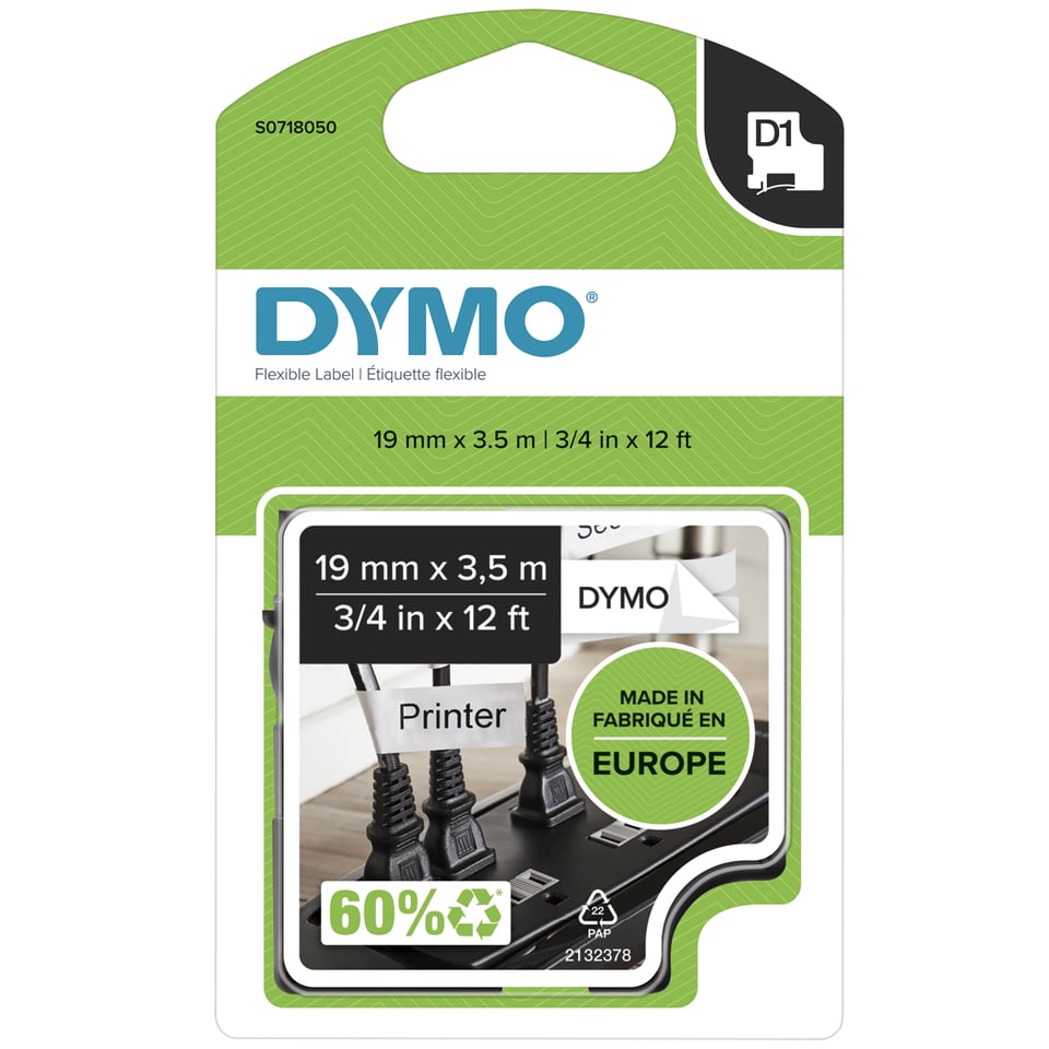 DYMO originele D1 Duurzame flexibele nylon labels | Witte Tekst op Zwart Label | 12 mm x 3,5 m | zelfklevende etiketten voor de LabelManager labelprinter | gemaakt in Europa