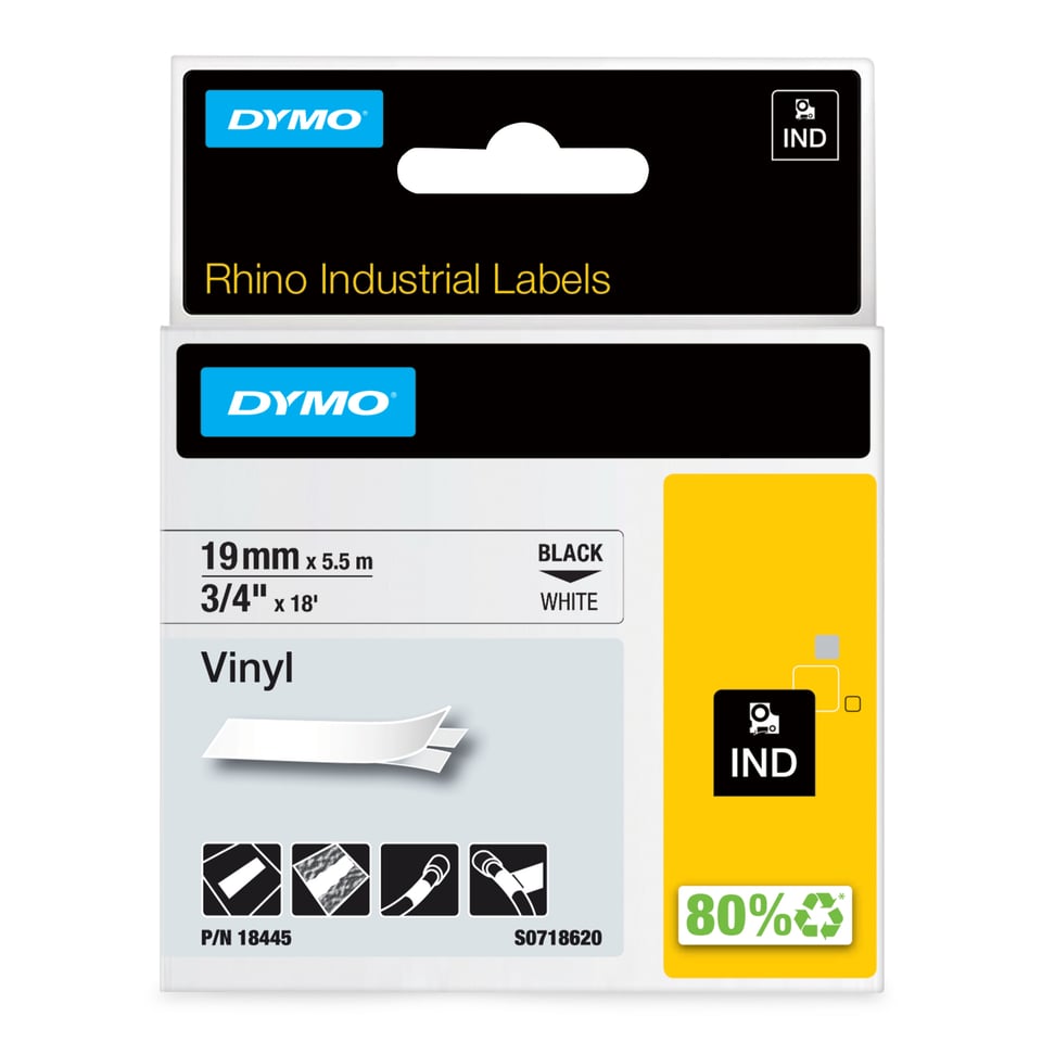 DYMO Rhino industriële Vinyl Labels | 19 mm x 5,5 m | zwarte afdruk op wit | zelfklevende labels voor Rhino & LabelManager labelprinters