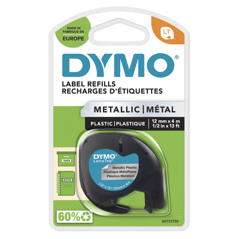 DYMO originele LetraTag metallic labels | Zwarte afdrukken op metallic zilver etiketten | 12 mm x 4 mm | Zelfklevende multifunctionele labels voor LetraTag labelprinters