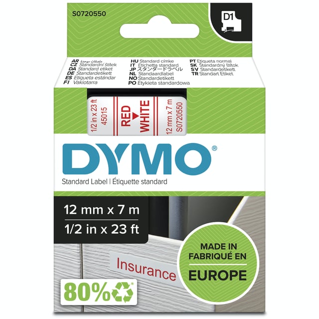 DYMO originele D1 labels | Rode Tekst op Wit Label | 12 mm x 7 m | zelfklevende etiketten voor de LabelManager labelprinter | gemaakt in Europa