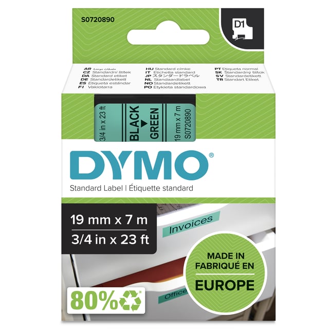 DYMO originele D1 labels | Zwarte Tekst op Groen Label | 19 mm x 7 m | zelfklevende etiketten voor de LabelManager labelprinter | gemaakt in Europa