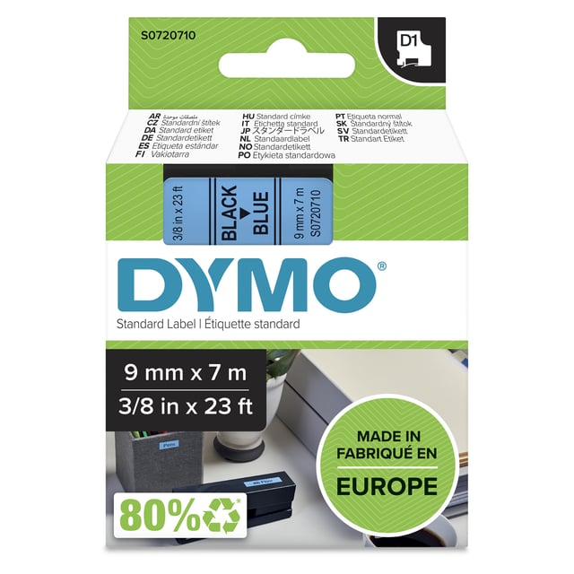 DYMO originele D1 labels | Zwarte Tekst op Blauw Label | 9 mm x 7 m | zelfklevende etiketten voor de LabelManager labelprinter | gemaakt in Europa