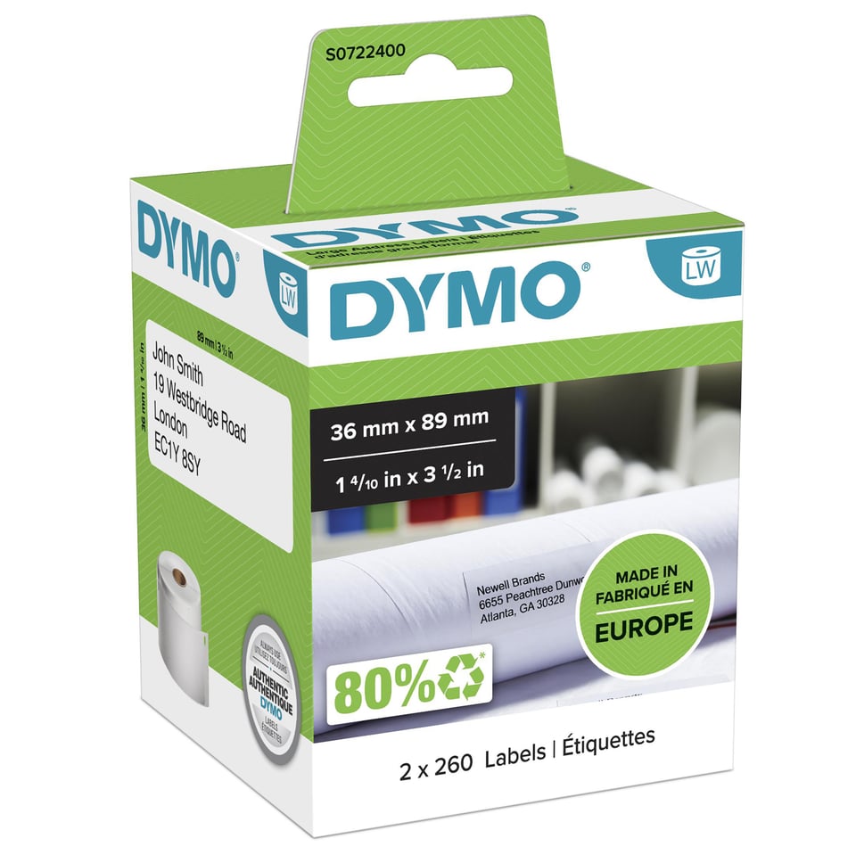 DYMO originele grote LabelWriter adreslabels | 36 mm x 89 mm | 2 rollen met elk 260 labels (520 zelfklevende etiketten) | Geschikt voor de LabelWriter labelprinters | Gemaakt in Europa