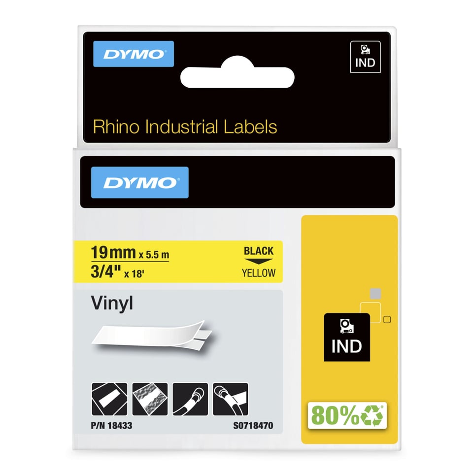 DYMO Rhino industriële Vinyl Labels | 19 mm x 5,5 m | zwarte afdruk op geel | zelfklevende labels voor Rhino & LabelManager labelprinters
