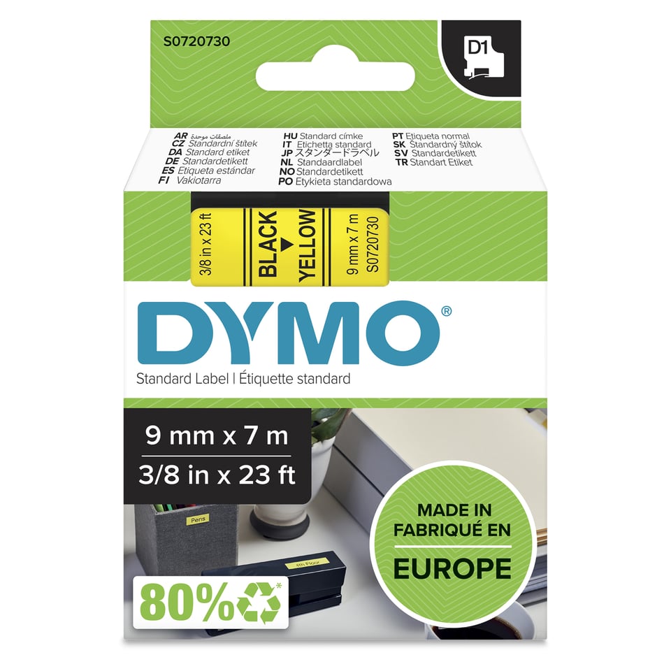 DYMO originele D1 labels | Zwarte Tekst op Geel Label | 9 mm x 7 m | Zelfklevende etiketten voor de LabelManager labelprinter | gemaakt in Europa