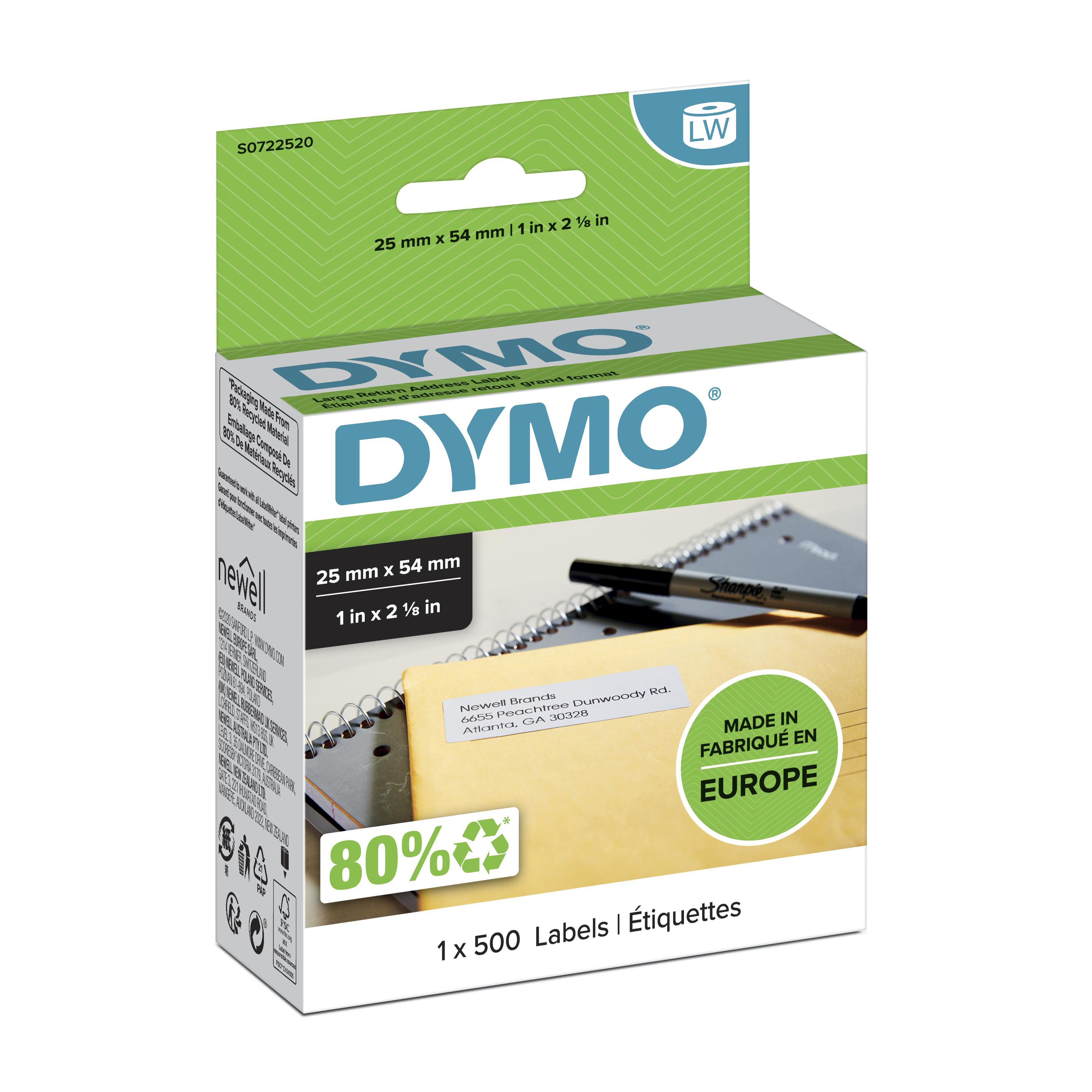 DYMO originele LabelWriter adreslabels voor retouren | 25 mm x 54 mm | 500 zelfklevende etiketten| Geschikt voor de LabelWriter labelprinters | Gemaakt in Europa