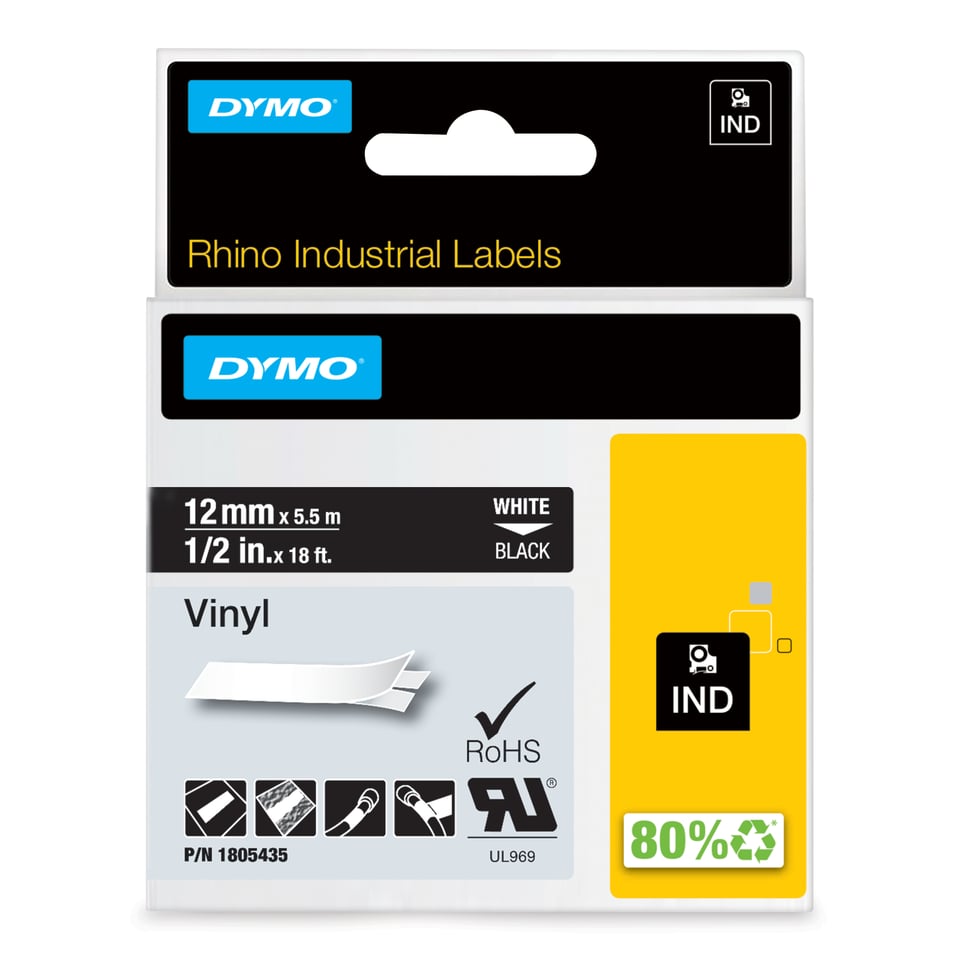 DYMO Rhino industriële Vinyl Labels | 12 mm x 5,5 m | witte afdruk op zwart | zelfklevende labels voor Rhino & LabelManager labelprinters