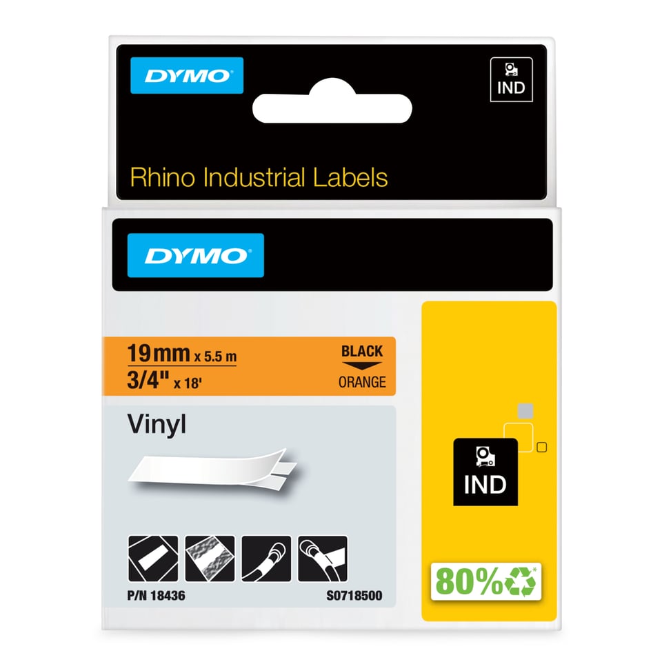 DYMO Rhino industriële Vinyl Labels | 19 mm x 5,5 m | zwarte afdruk op oranje | zelfklevende labels voor Rhino & LabelManager labelprinters