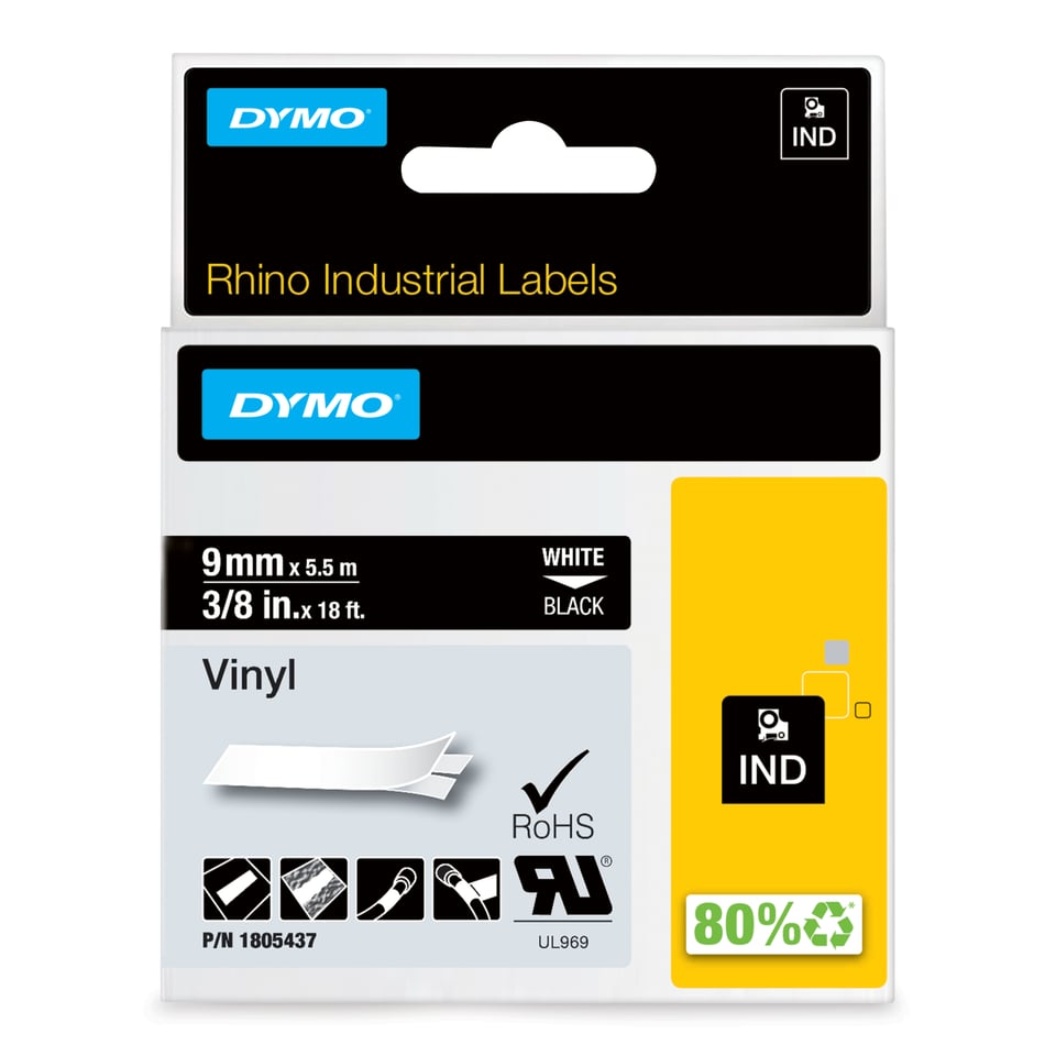 DYMO Rhino industriële Vinyl Labels | 9 mm x 5,5 m | witte afdruk op zwart | zelfklevende labels voor Rhino & LabelManager labelprinters