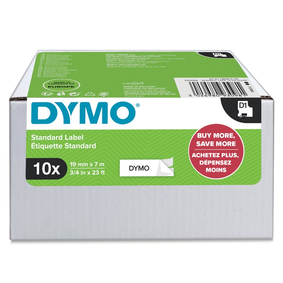 DYMO originele D1 labels | Zwarte Tekst op Wit Label | 19 mm x 7 m | zelfklevende etiketten voor de LabelManager labelprinters | 10 stuks | gemaakt in Europa