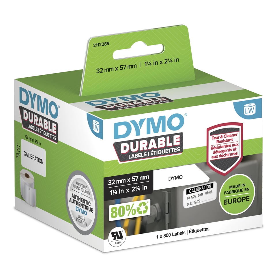 DYMO originele Duurzame LabelWriter labels | 32 mm x 57 mm | Witte Poly | 800 zelfklevende etiketten | Stevige labels voor de LabelWriter labelprinters