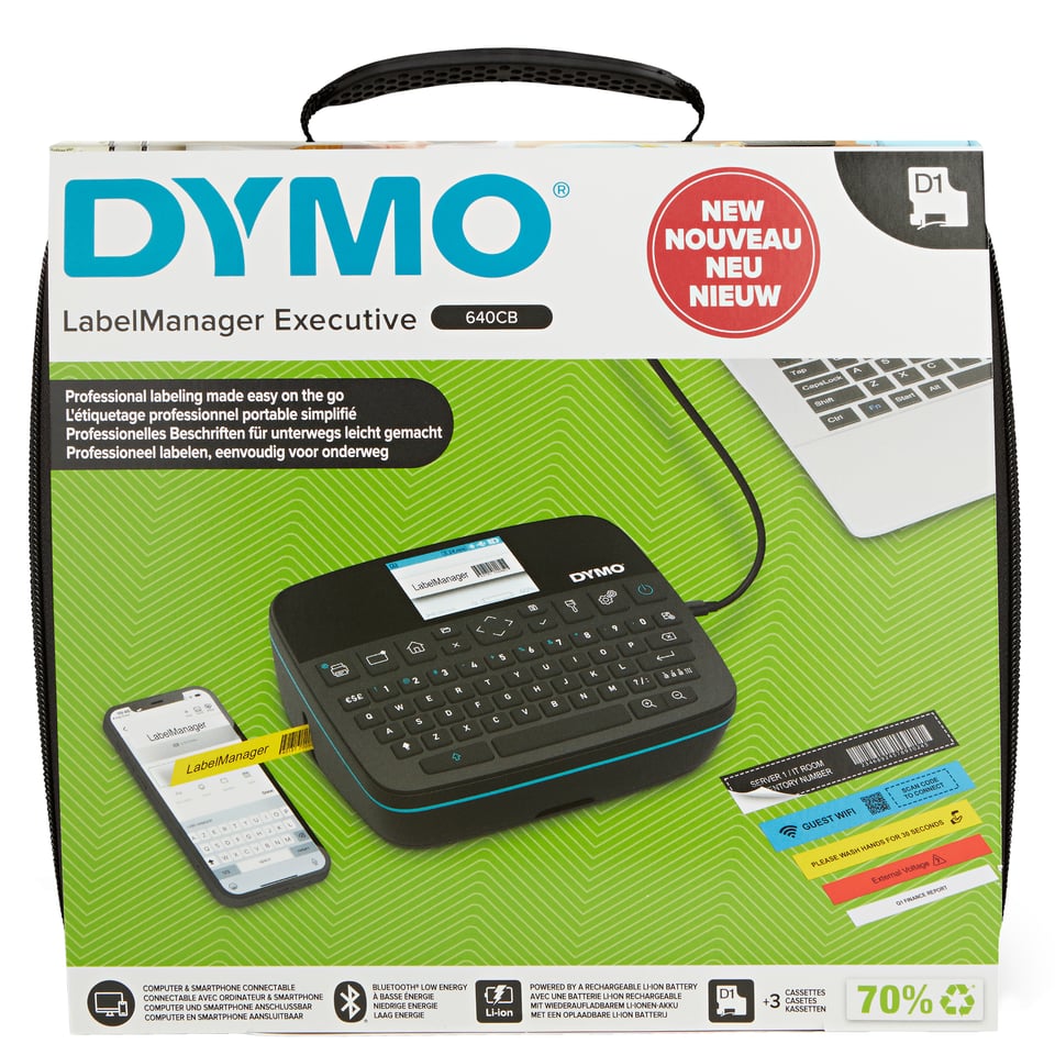 DYMO LabelManager Executive 640 CB draagbare labelprinterkit met draagtas en 3 labelcassettes | compacte QWERTY-labelmaker | Bluetooth- & USB-connectiviteit | compatibel met D1-labels