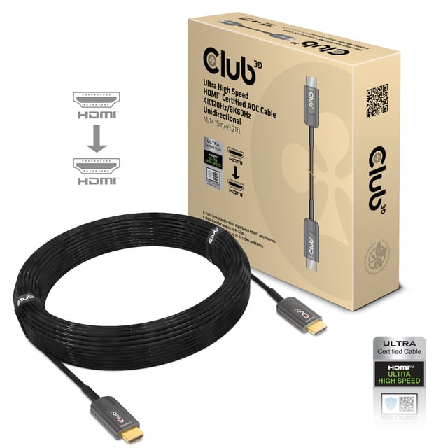 CLUB3D Ultra High Speed HDMI 2.1™ gecertificeerde AOC-kabel 4K120Hz/8K60Hz Unidirectioneel M/M 15m