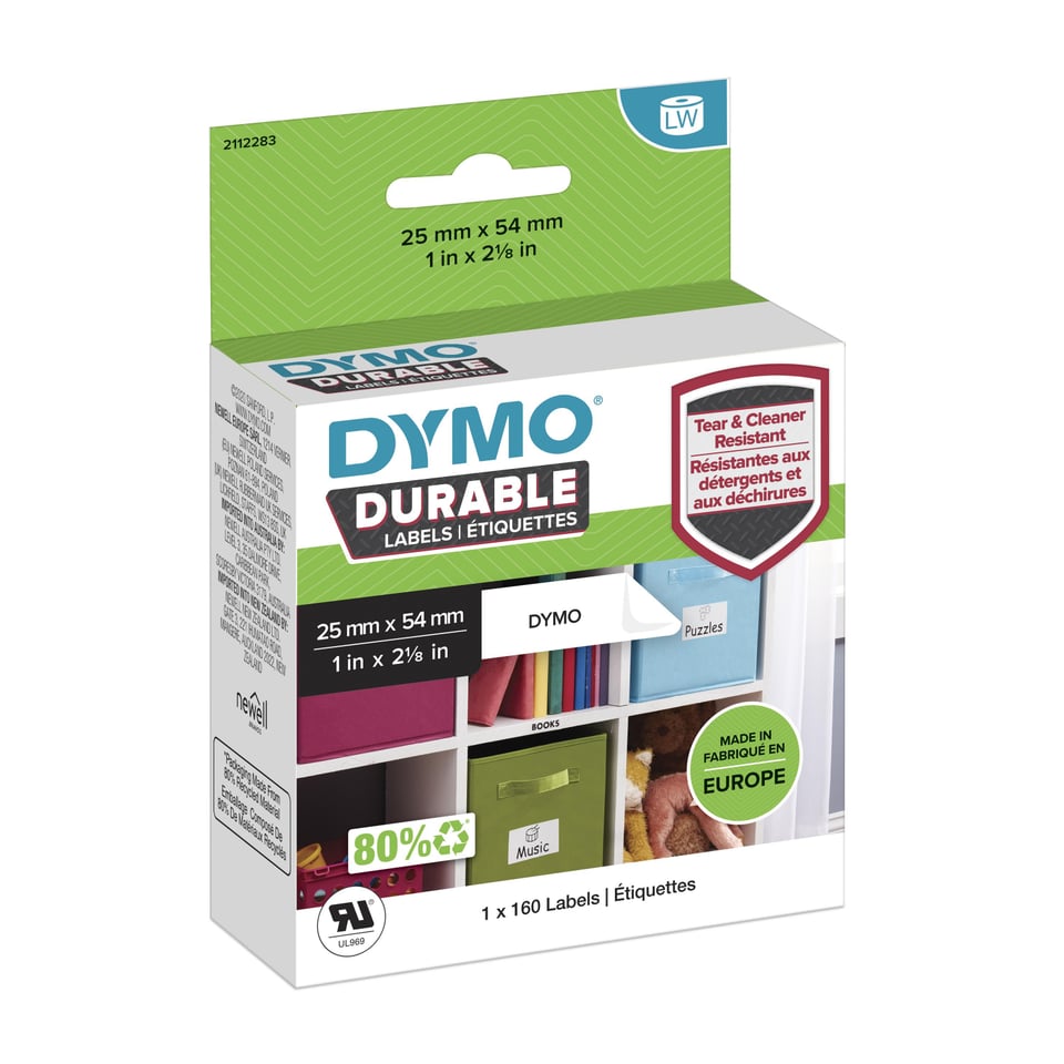 DYMO originele Duurzame LabelWriter labels | 25 mm x 54 mm | Witte Poly | 160 zelfklevende etiketten | Stevige labels voor de LabelWriter labelprinters