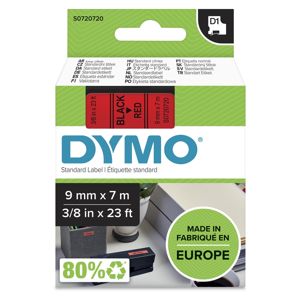 DYMO originele D1 labels | Zwarte Tekst op Rood Label | 9 mm x 7 m | zelfklevende etiketten voor de LabelManager labelmaker | gemaakt in Europa