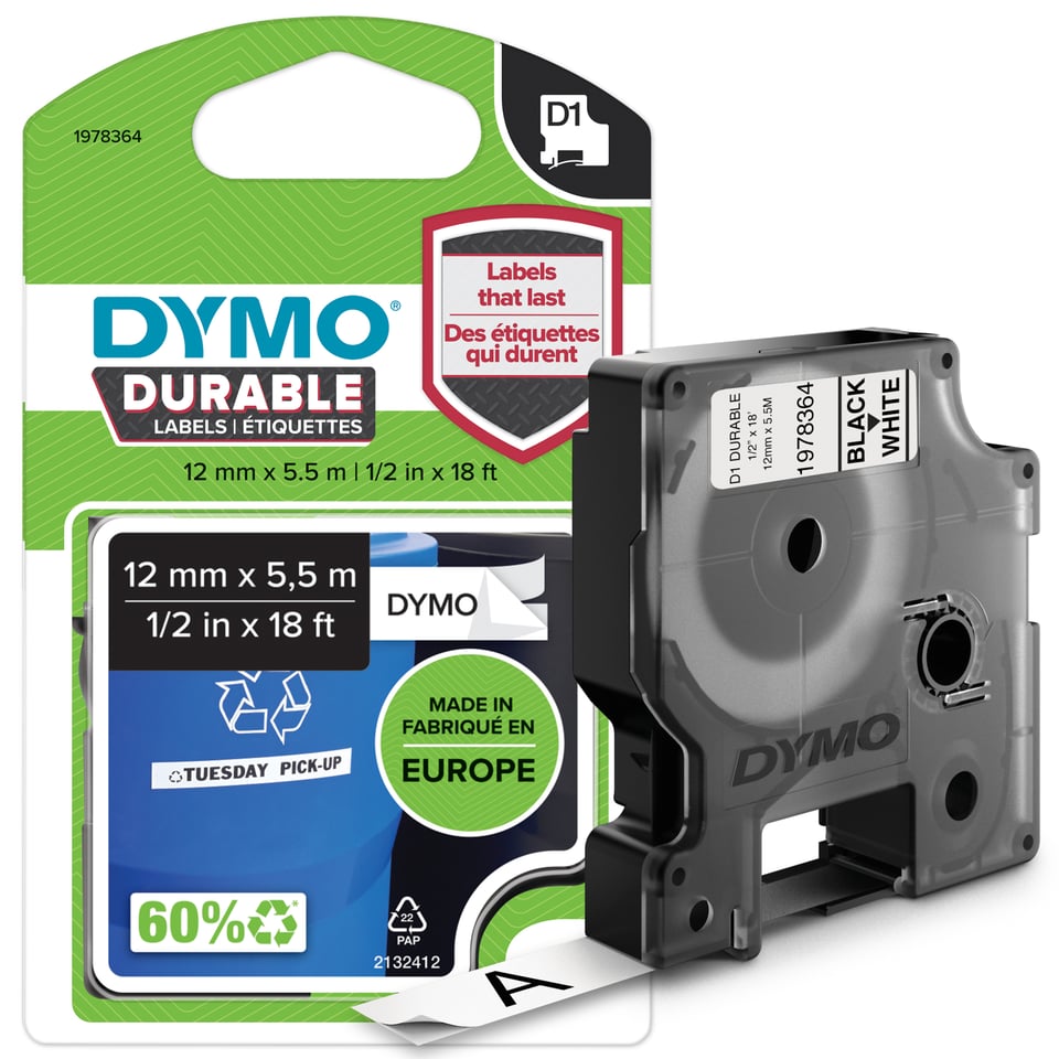 DYMO originele D1 Duurzame labels | Zwarte Tekst op Wit Label | 12 mm x 5,5 m | zelfklevende etiketten voor de LabelManager labelprinter | gemaakt in Europa