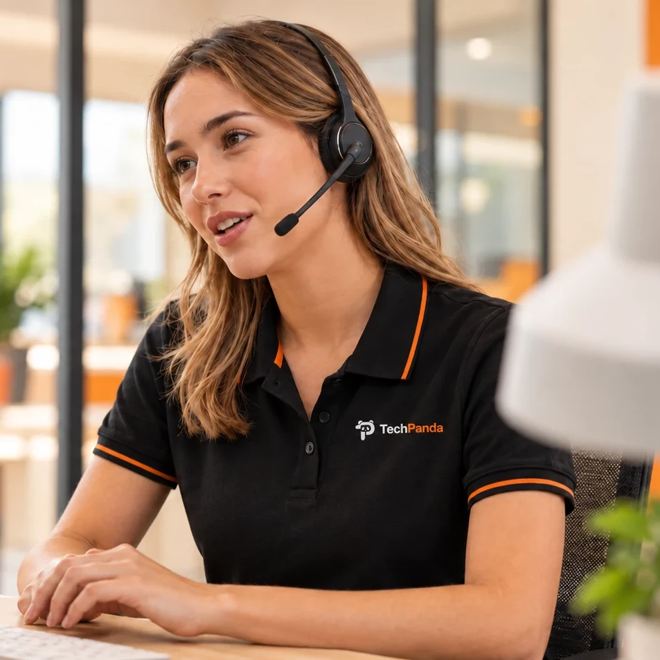 Medewerker van TechPanda met een headset achter een bureau